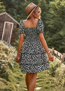 Boho Floral Yellow Square Neck Short Sleeve Dress