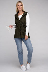 Black Drawstring Waist Military Style Hoodie Vest