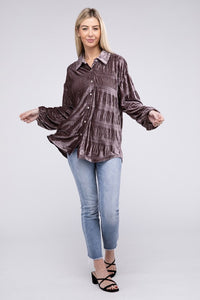 Wrinkle Effect Tiered Shirring Mustard Velvet Shirt