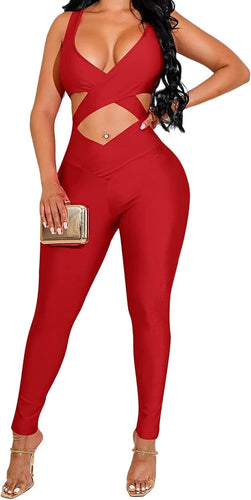 Red Criss Halter Sleeveless Bodycon Jumpsuit