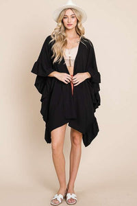 Black Wide Sleeves Ruffle Kimono Cardigan