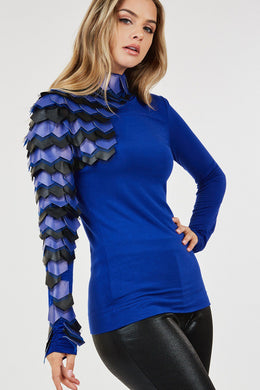 High Fashion Blue Faux Leather Scale Sleeve Turtleneck Knit Top