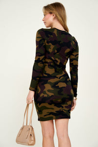 Camoflauge Brown Knit Long Sleeve Mini Dress