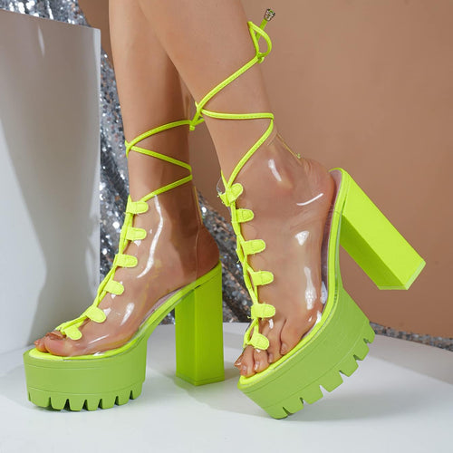 Transparent Neon Yellow Clear Chunky Heel Platform Boots