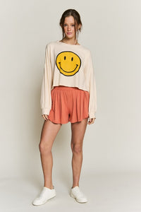 Smiley Face Mocha Long Sleeve Crop Top