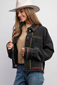 Embroidered Black Wash Cotton Jacket