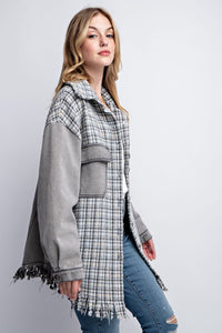 Tweed Mixed Charcoal Denim Jacket with Fringed Hem