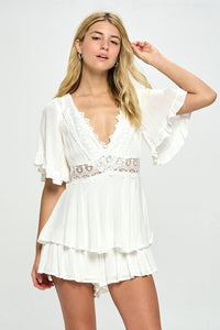 Beige Ruffle Sleeved Short Romper with Crochet Trim