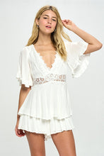 Load image into Gallery viewer, Beige Ruffle Sleeved Short Romper with Crochet Trim