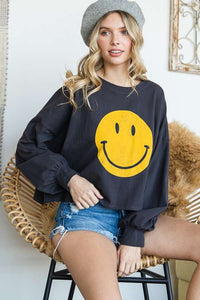 Smiley Face Mocha Long Sleeve Crop Top