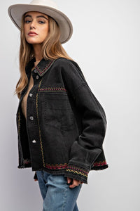 Embroidered Black Wash Cotton Jacket