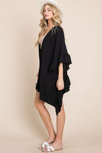 Black Wide Sleeves Ruffle Kimono Cardigan