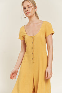 Plus Size Mustard Yellow Linen Button Down Wide Leg Jumpsuit