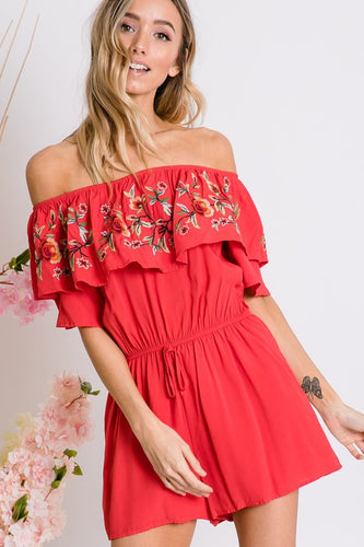 Coral Red Floral Embroidered Off Shoulder Shorts Romper