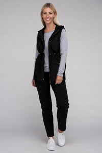 Black Drawstring Waist Military Style Hoodie Vest