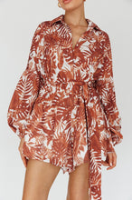 Load image into Gallery viewer, Brown Leaves Print Belted Puff Sleeved Romper