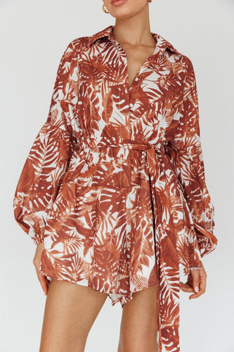 Brown Leaves Print Belted Puff Sleeved Romper