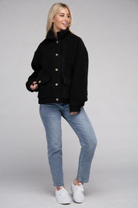 Black Cozy Sherpa Button-Front Jacket