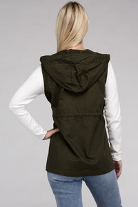 Black Drawstring Waist Military Style Hoodie Vest