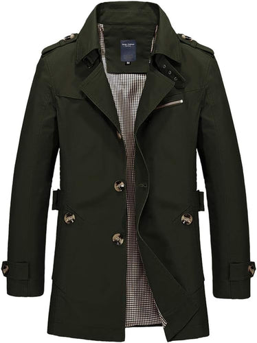 Dark Green Men's Windbreaker Notched Lapel Trench Coat