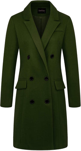 English Dark Green Lapel Double Breasted Long Wool Pea Coat