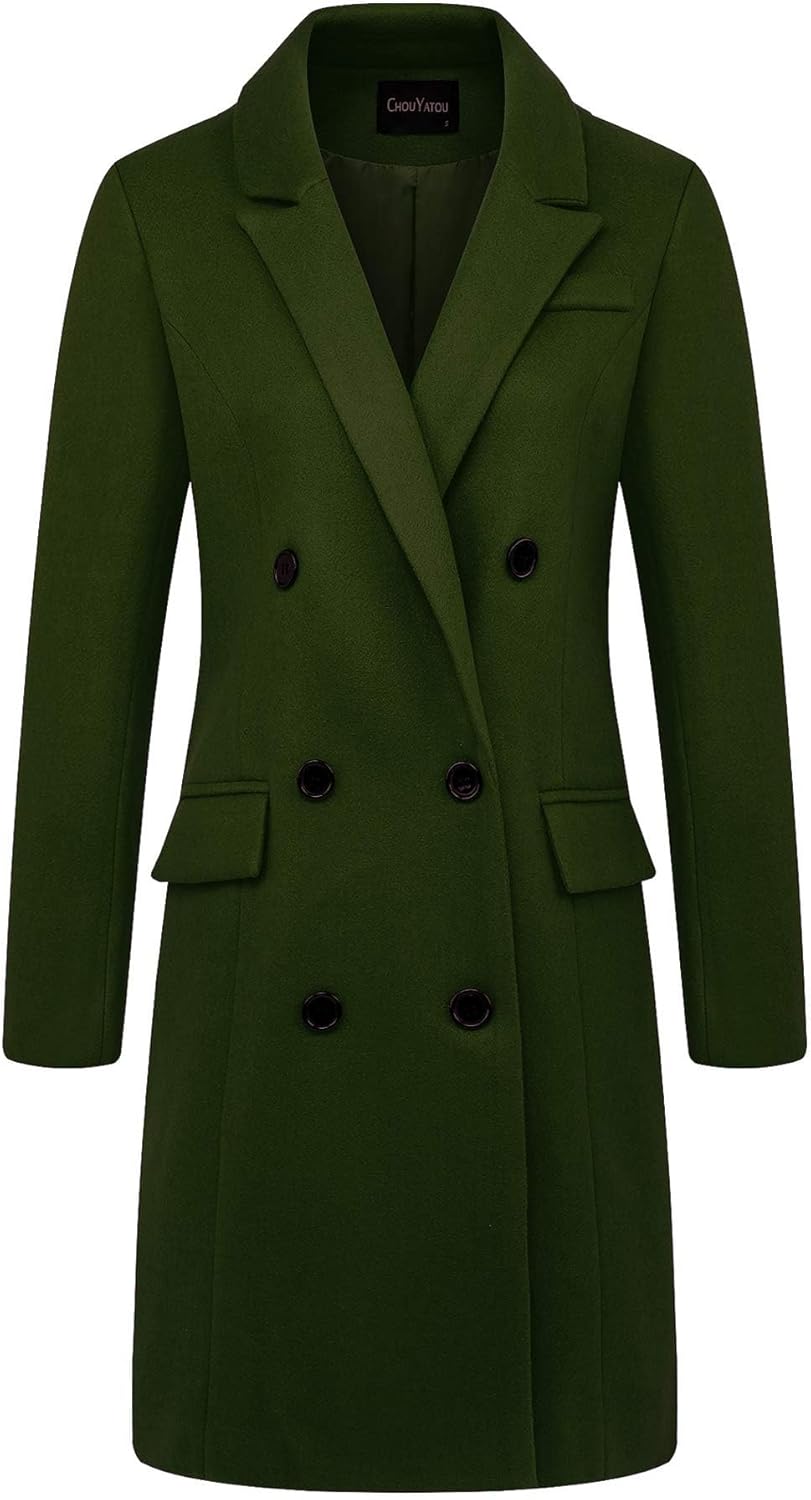 English Dark Green Lapel Double Breasted Long Wool Pea Coat