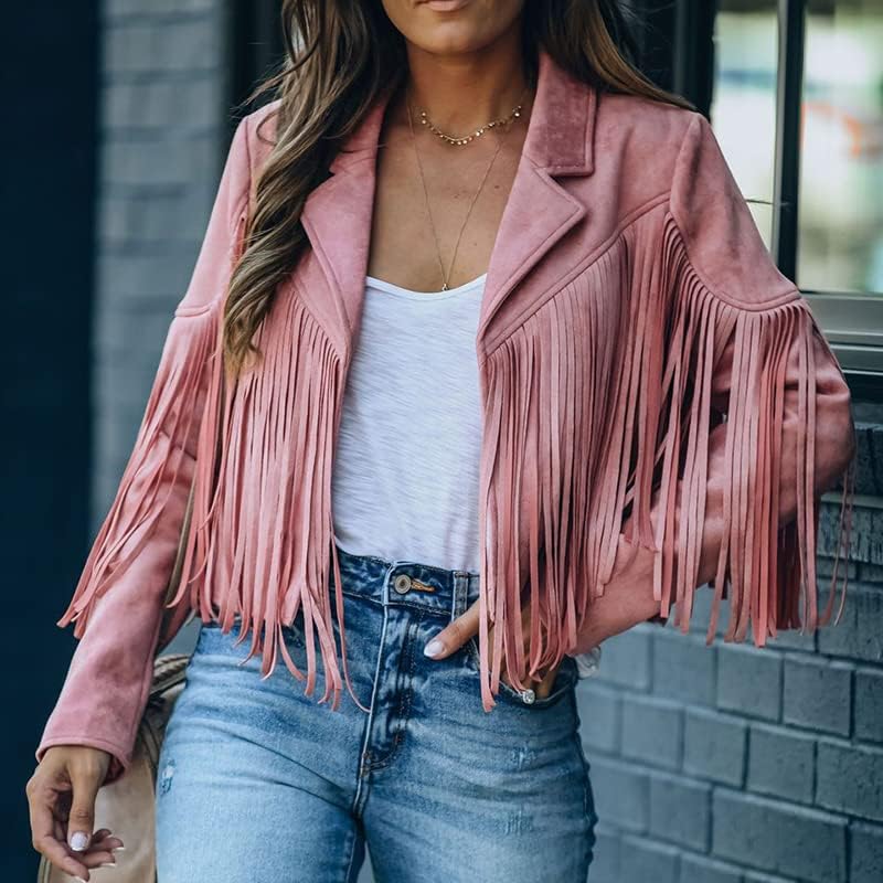 Moto Chic Pink Fringed Faux Suede Leather Crop Jacket