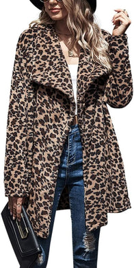 Leopard Brown Printed Comfy Knit Lapel Long Sleeve Jacket