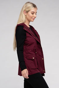 Burgundy Red Drawstring Waist Military Style Hoodie Vest