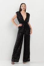 Load image into Gallery viewer, London Chic Emerald Green Deep V Power Shoulder Sequined Jumpsuit