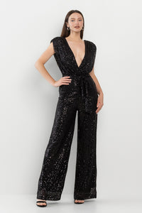 London Chic Emerald Green Deep V Power Shoulder Sequined Jumpsuit