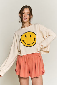 Smiley Face Mocha Long Sleeve Crop Top