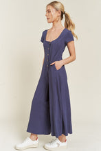 Load image into Gallery viewer, Plus Size Navy Blue Linen Button Down Wide Leg Jumpsuit