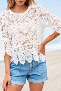 White Bohemian Lace Crochet Half Sleeve Blouse