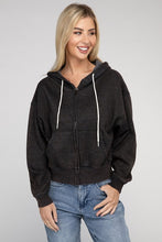 Load image into Gallery viewer, Black Acid Wash Fleece Cropped Zip-Up Hoodie