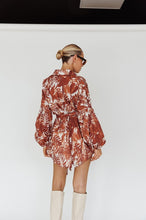 Load image into Gallery viewer, Brown Leaves Print Belted Puff Sleeved Romper