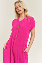 Load image into Gallery viewer, Loose Fit Fuschia Pink Textured Short Sleeve Jumpsuit