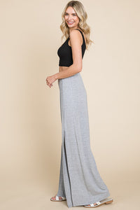 Heather Grey High Waist Deep Slit Wide Leg Pants