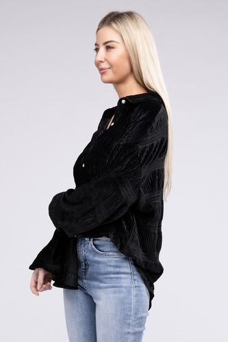 Wrinkle Effect Tiered Shirring Black Velvet Shirt