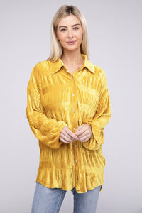 Wrinkle Effect Tiered Shirring Mustard Velvet Shirt