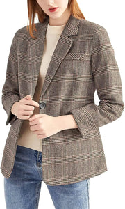 Women's Mocha Plaid Long Sleeve Business Blazer Jacket