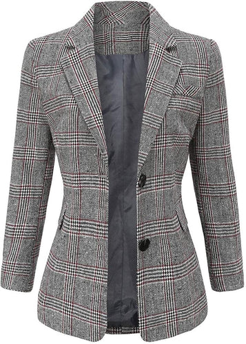 Women's Grey Plaid Long Sleeve Business Blazer Jacket