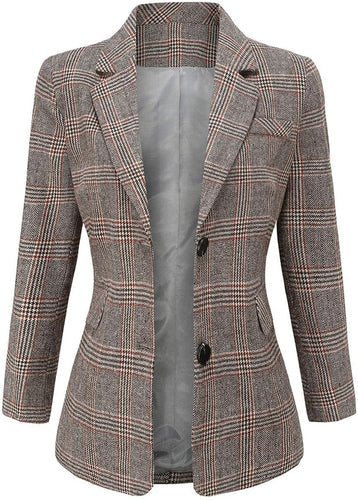 Women's Mocha Plaid Long Sleeve Business Blazer Jacket