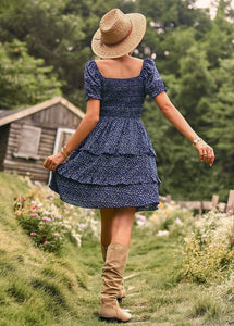 Boho Floral Yellow Square Neck Short Sleeve Dress