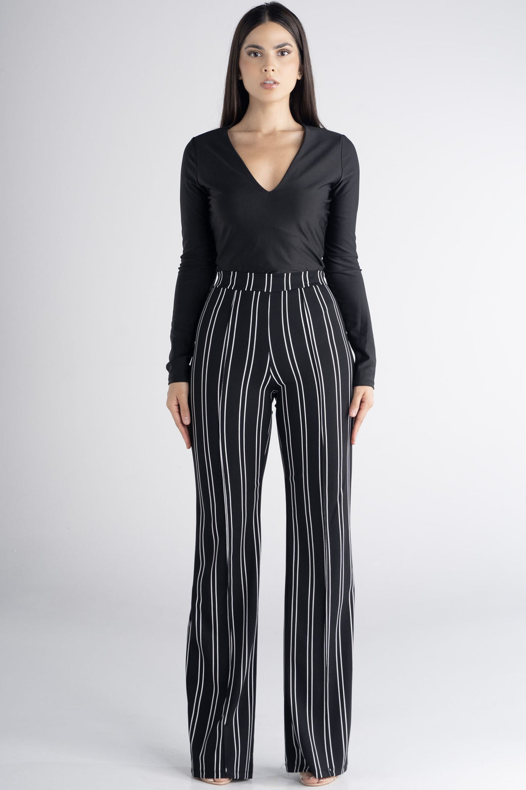 Black Striped Classic Fit High Waist Pants