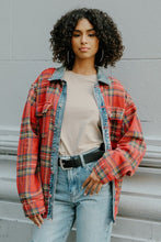 Load image into Gallery viewer, Red Flannel Long Sleeve Shacket With Denim Contrast