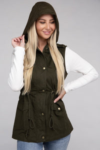 Black Drawstring Waist Military Style Hoodie Vest