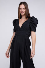 Load image into Gallery viewer, Black Elegant V Neck Puff Sleeve Jumpsuit