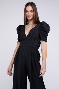 Black Elegant V Neck Puff Sleeve Jumpsuit