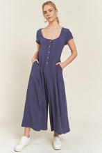 Load image into Gallery viewer, Plus Size Navy Blue Linen Button Down Wide Leg Jumpsuit